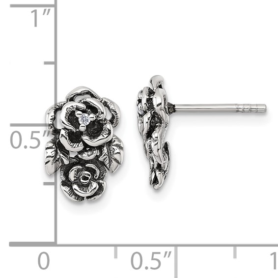 Sterling Silver Antiqued Polished CZ Flowers Post Earrings