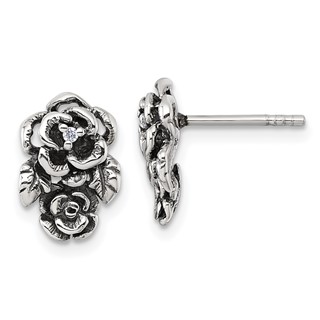 Sterling Silver Antiqued Polished CZ Flowers Post Earrings