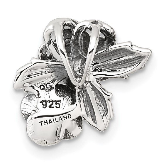 Sterling Silver Antiqued Polished CZ Flowers Chain Slide Pendant