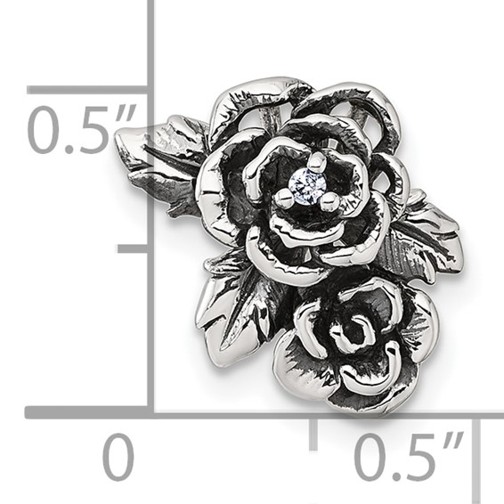 Sterling Silver Antiqued Polished CZ Flowers Chain Slide Pendant