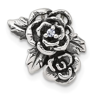 Sterling Silver Antiqued Polished CZ Flowers Chain Slide Pendant