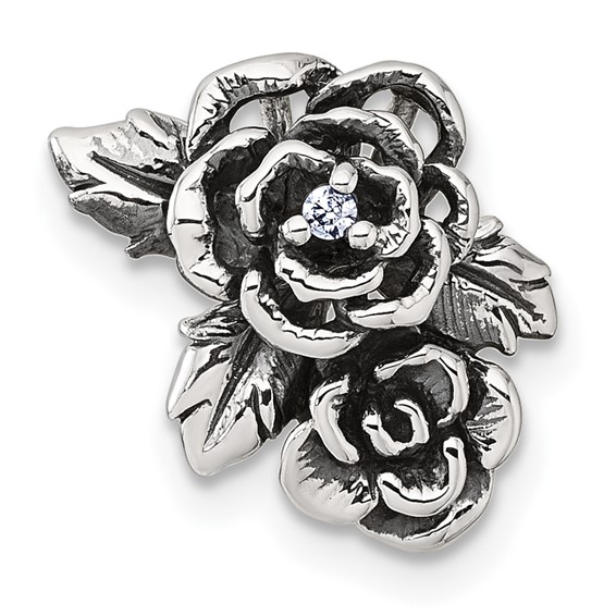 Sterling Silver Antiqued Polished CZ Flowers Chain Slide Pendant