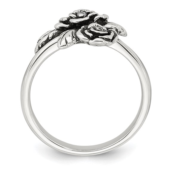 Sterling Silver Antiqued Polished CZ Flowers Size 6 Ring