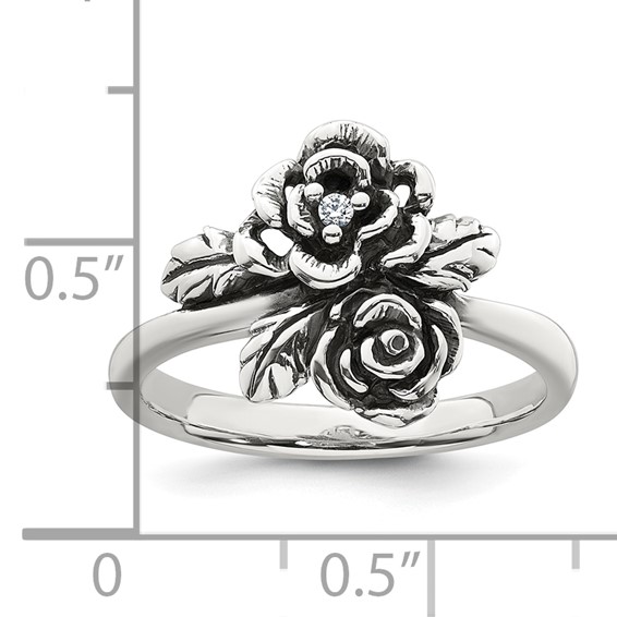 Sterling Silver Antiqued Polished CZ Flowers Size 6 Ring
