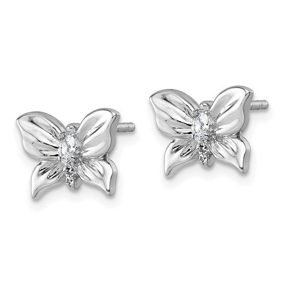 Sterling Silver Rhodium-plated Polished White CZ Butterfly Post Earrings