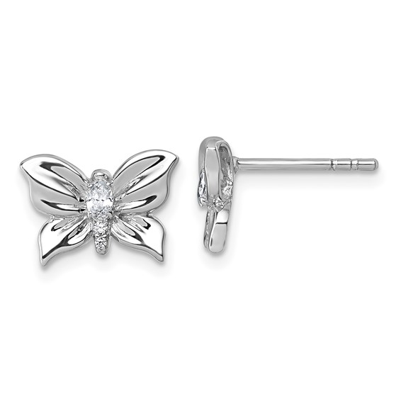 Sterling Silver Rhodium-plated Polished White CZ Butterfly Post Earrings