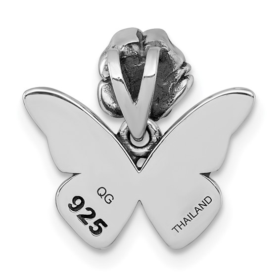 Sterling Silver Antiqued Textured Butterfly With Flower Pendant
