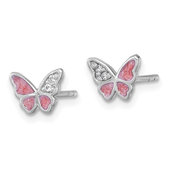 Sterling Silver Rhodium-plated Polished CZ and Pink Enamel Butterfly Post Earrings