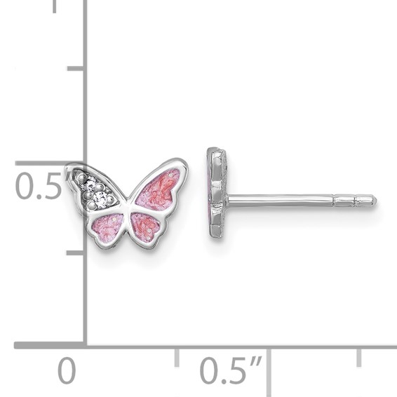 Sterling Silver Rhodium-plated Polished CZ and Pink Enamel Butterfly Post Earrings