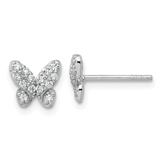 Sterling Silver Rhodium-plated Polished CZ Butterfly Post Earrings