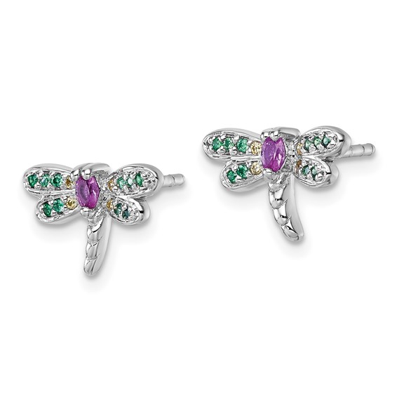 "Sterling Silver Rhodium-plated Polished Green, Yellow and Pink CZ Dragonfly Post Earrings"