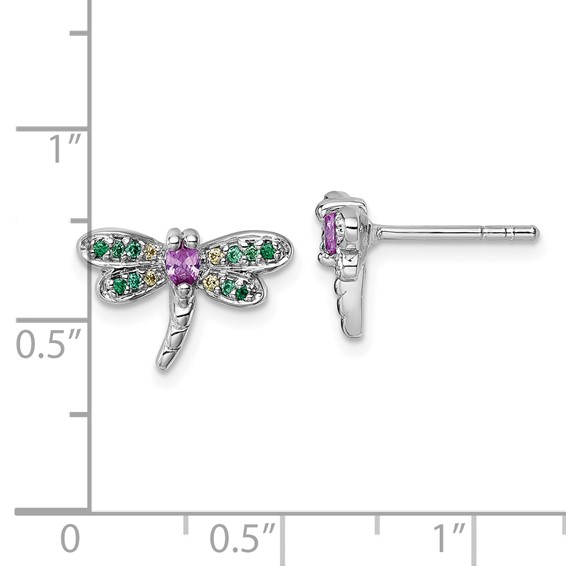 "Sterling Silver Rhodium-plated Polished Green, Yellow and Pink CZ Dragonfly Post Earrings"