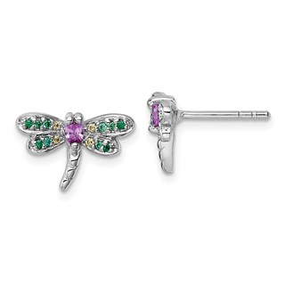 "Sterling Silver Rhodium-plated Polished Green, Yellow and Pink CZ Dragonfly Post Earrings"