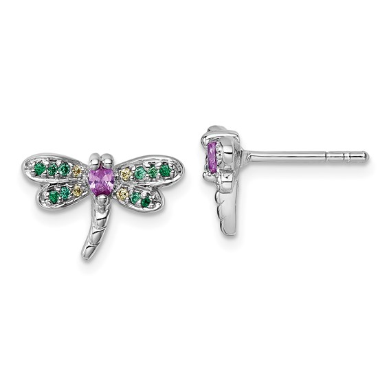 "Sterling Silver Rhodium-plated Polished Green, Yellow and Pink CZ Dragonfly Post Earrings"