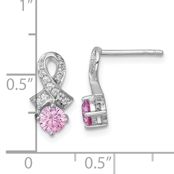 Sterling Silver Rhodium-plated Polished Round Pink and White CZ Awareness Ribbon Post Earrings