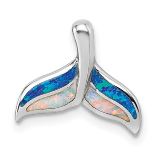 Sterling Silver Rhodium-plated Polished Lab Created Opal Whale Tail Chain Slide Pendant