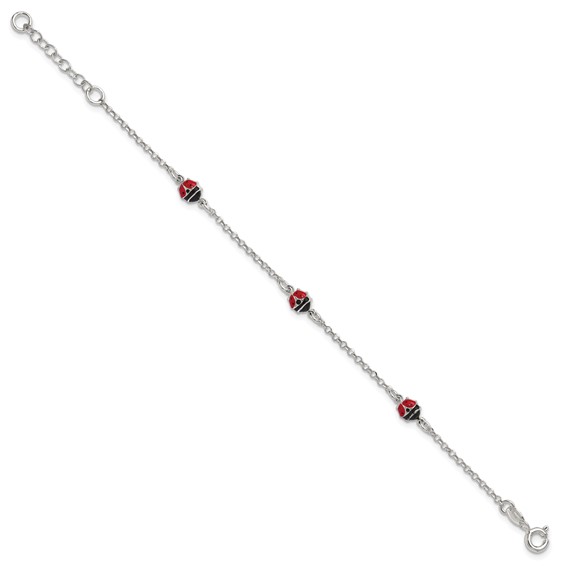 Sterling Silver Polished Red and Black Enameled Ladybugs 6 inch with 1 inch extension Childrens Bracelet