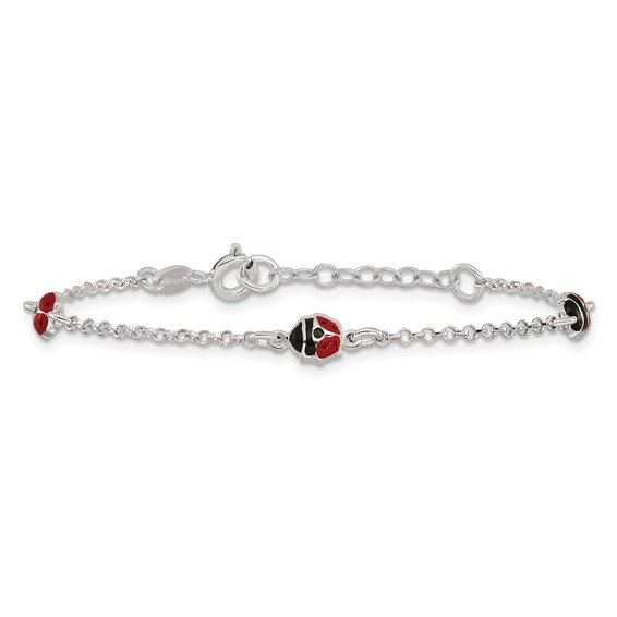 Sterling Silver Polished Red and Black Enameled Ladybugs 6 inch with 1 inch extension Childrens Bracelet