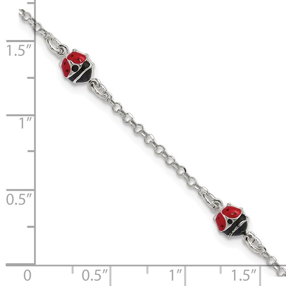Sterling Silver Polished Red and Black Enameled Ladybugs 6 inch with 1 inch extension Childrens Bracelet