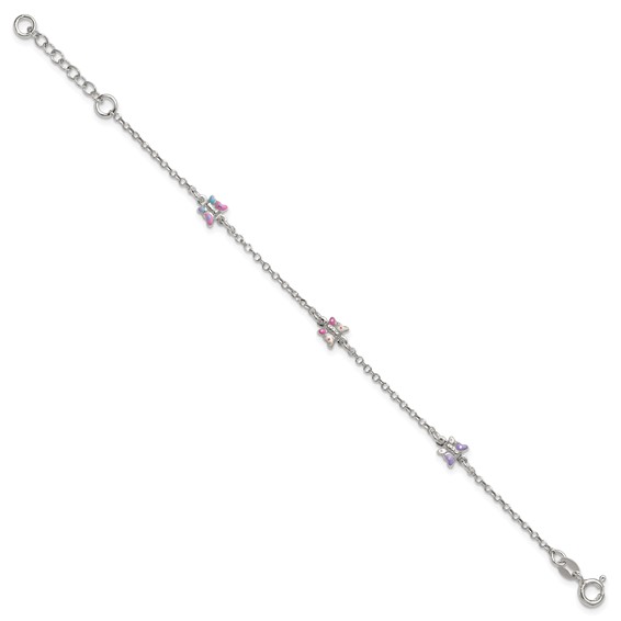 Sterling Silver Polished Pink/Purple/White/Blue Enameled Butterfly 6 inch with 1 inch extension Childrens Bracelet