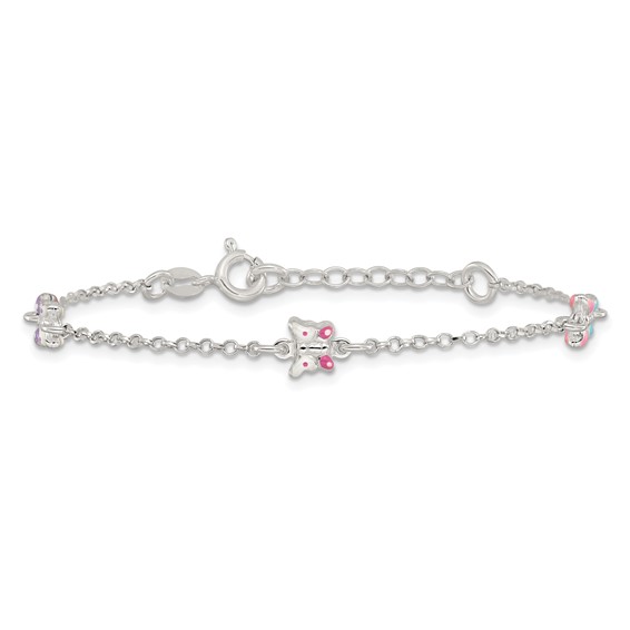 Sterling Silver Polished Pink/Purple/White/Blue Enameled Butterfly 6 inch with 1 inch extension Childrens Bracelet