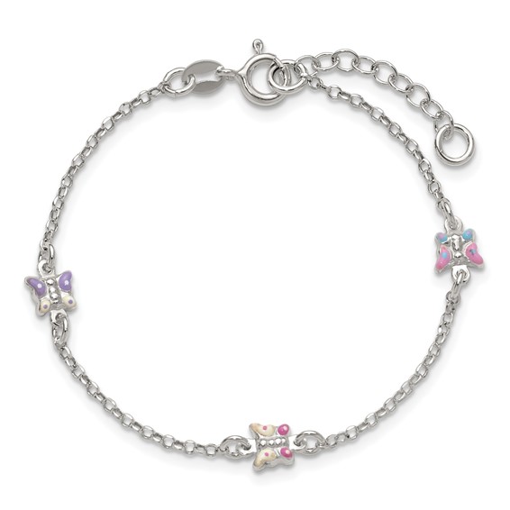Sterling Silver Polished Pink/Purple/White/Blue Enameled Butterfly 6 inch with 1 inch extension Childrens Bracelet