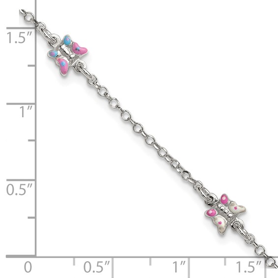 Sterling Silver Polished Pink/Purple/White/Blue Enameled Butterfly 6 inch with 1 inch extension Childrens Bracelet