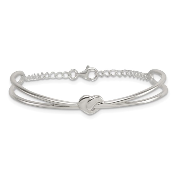 Sterling Silver Polished Twisted Heart Childrens Cuff Bracelet with Safety Chain