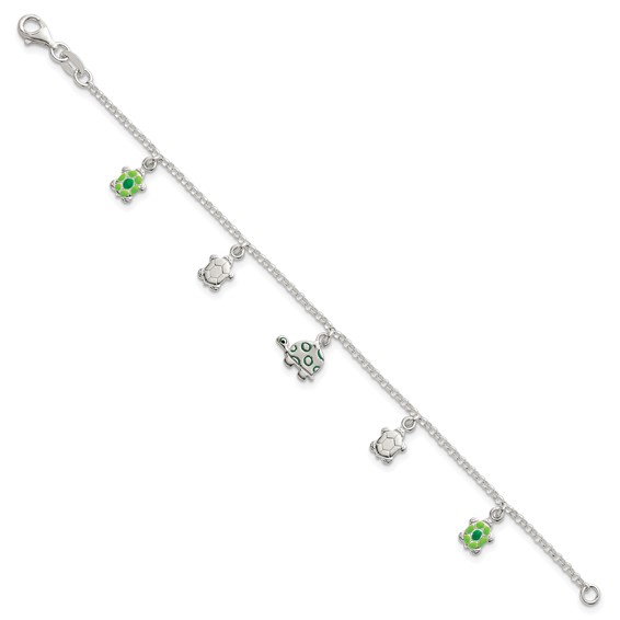 Sterling Silver Polished Green Enamel Turtles Childrens 6 inch Bracelet