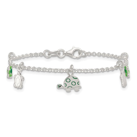 Sterling Silver Polished Green Enamel Turtles Childrens 6 inch Bracelet