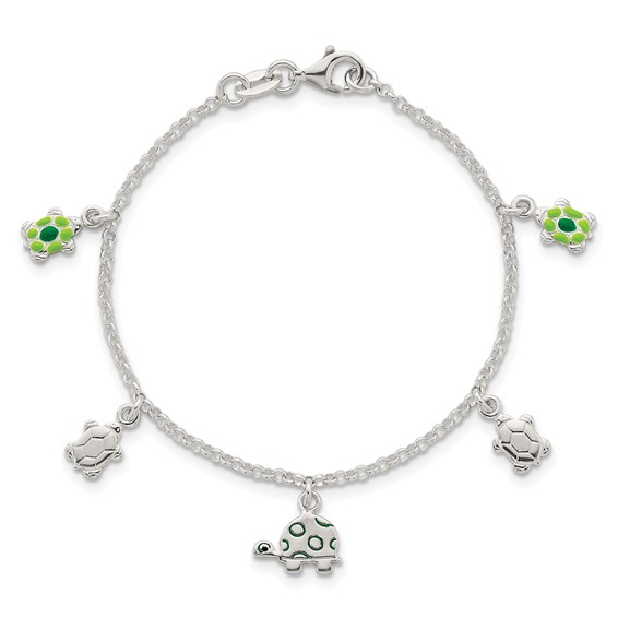 Sterling Silver Polished Green Enamel Turtles Childrens 6 inch Bracelet
