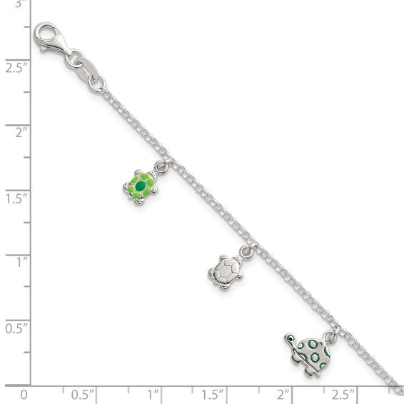 Sterling Silver Polished Green Enamel Turtles Childrens 6 inch Bracelet