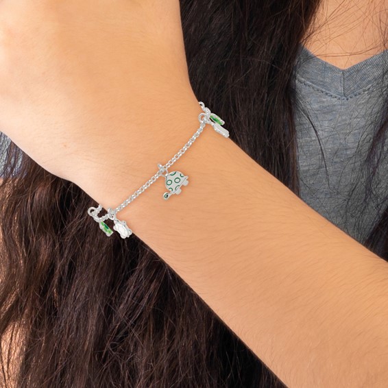 Sterling Silver Polished Green Enamel Turtles Childrens 6 inch Bracelet