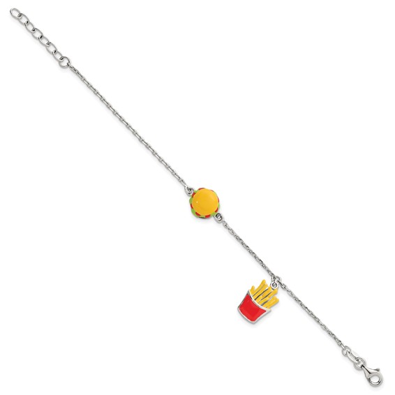 Sterling Silver Polished Multi-colored Enamel Burger and Fries Childrens 6 inch with 1 inch Extension Bracelet