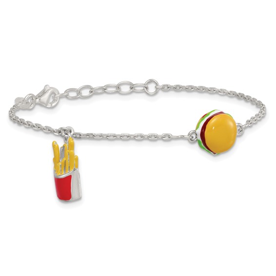 Sterling Silver Polished Multi-colored Enamel Burger and Fries Childrens 6 inch with 1 inch Extension Bracelet