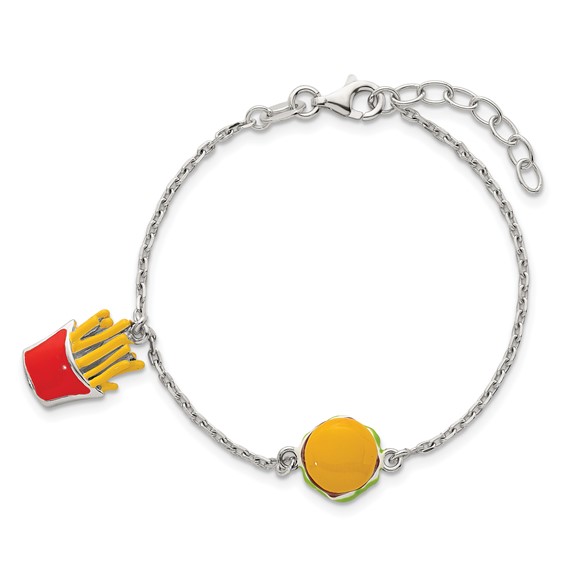 Sterling Silver Polished Multi-colored Enamel Burger and Fries Childrens 6 inch with 1 inch Extension Bracelet