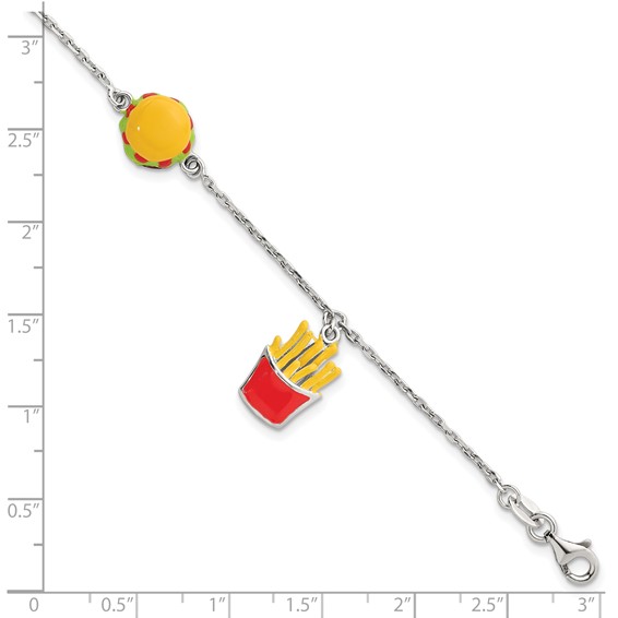 Sterling Silver Polished Multi-colored Enamel Burger and Fries Childrens 6 inch with 1 inch Extension Bracelet