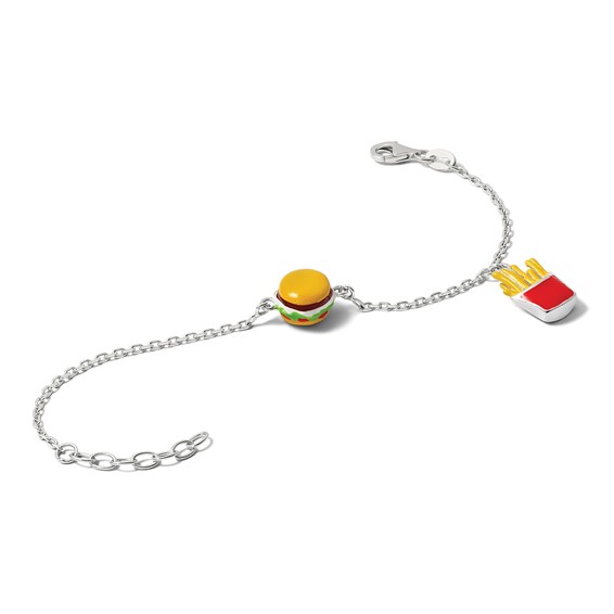 Sterling Silver Polished Multi-colored Enamel Burger and Fries Childrens 6 inch with 1 inch Extension Bracelet