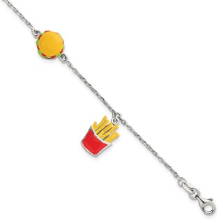 Sterling Silver Polished Multi-colored Enamel Burger and Fries Childrens 6 inch with 1 inch Extension Bracelet
