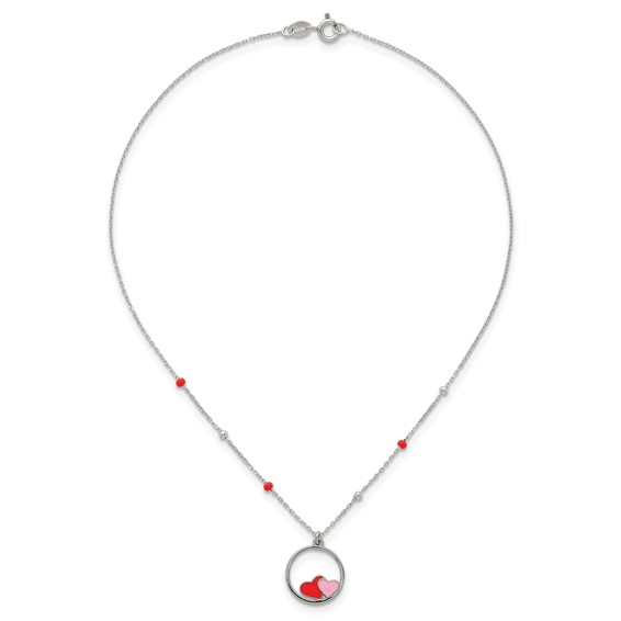 Sterling Silver Polished Beaded Red and Pink Enameled Hearts in Circle Childrens 14 inch Necklace