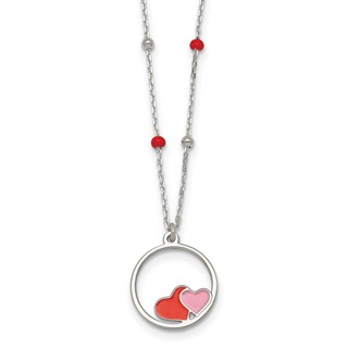 Sterling Silver Polished Beaded Red and Pink Enameled Hearts in Circle Childrens 14 inch Necklace