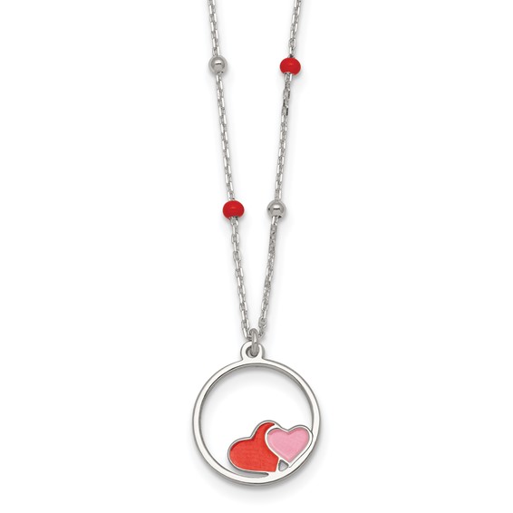 Sterling Silver Polished Beaded Red and Pink Enameled Hearts in Circle Childrens 14 inch Necklace
