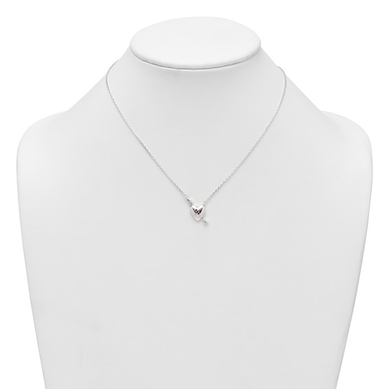 Sterling Silver Polished Pink and White CZ Heart and Arrow 16 inch with 2 inch Extension Necklace