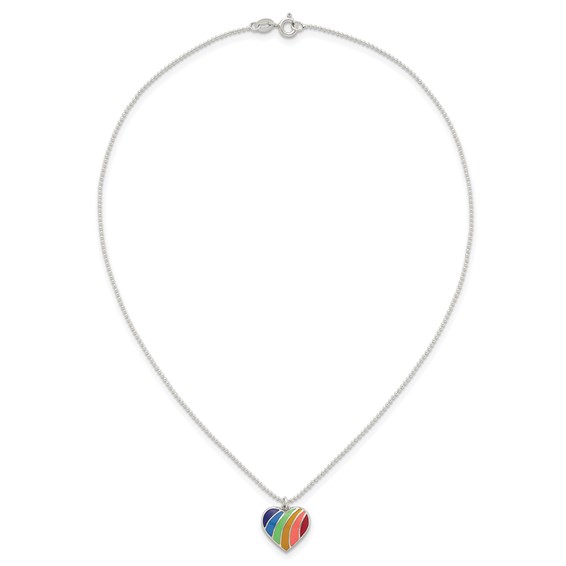 Sterling Silver Polished Rainbow Enameled Heart 16 inch Necklace