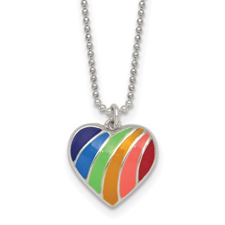 Sterling Silver Polished Rainbow Enameled Heart 16 inch Necklace