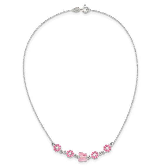 Sterling Silver Polished Pink Enameled Flowers and Pink Glass Butterfly Childrens 14 inch Necklace