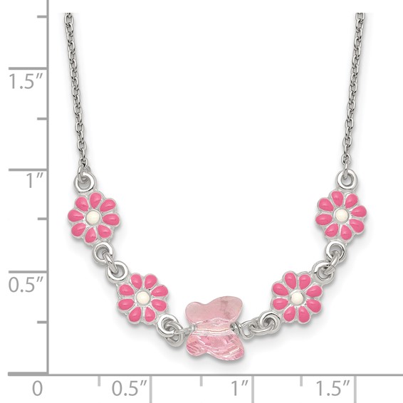 Sterling Silver Polished Pink Enameled Flowers and Pink Glass Butterfly Childrens 14 inch Necklace