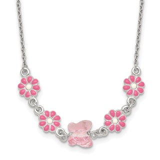 Sterling Silver Polished Pink Enameled Flowers and Pink Glass Butterfly Childrens 14 inch Necklace