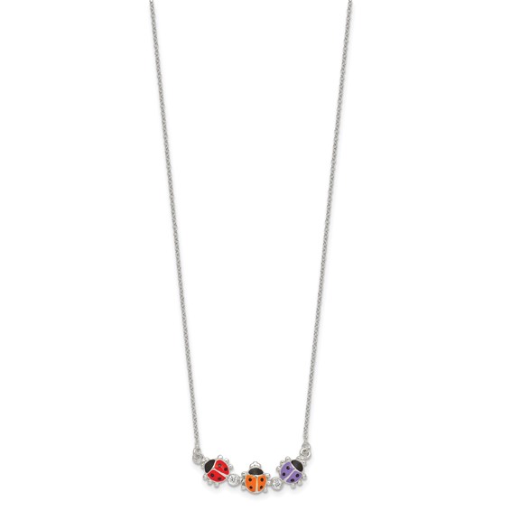 Sterling Silver Polished White CZ with Red/Orange/Purple Enameled Multicolor Ladybugs Childrens 14 inch Necklace