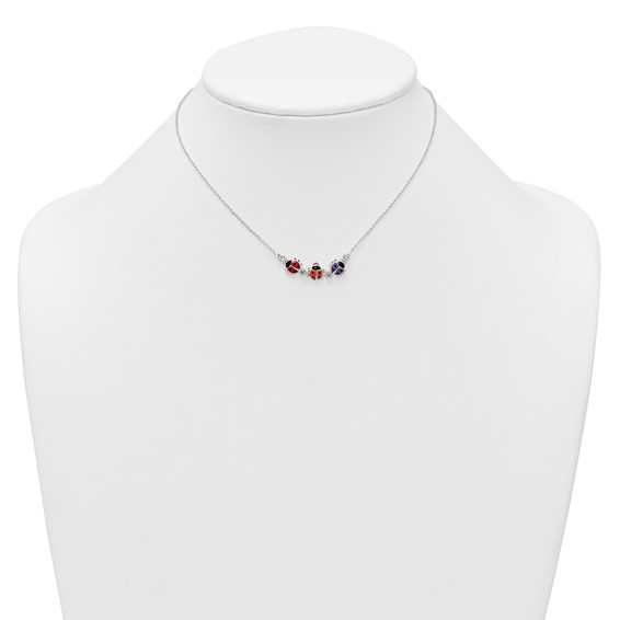Sterling Silver Polished White CZ with Red/Orange/Purple Enameled Multicolor Ladybugs Childrens 14 inch Necklace